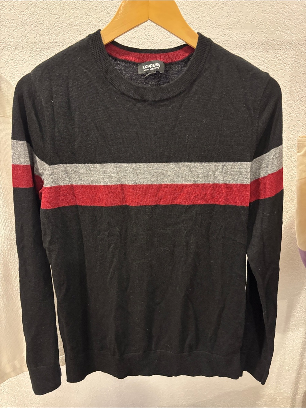 Express Men’s Black Crewneck Sweater with Red & Gray Stripes